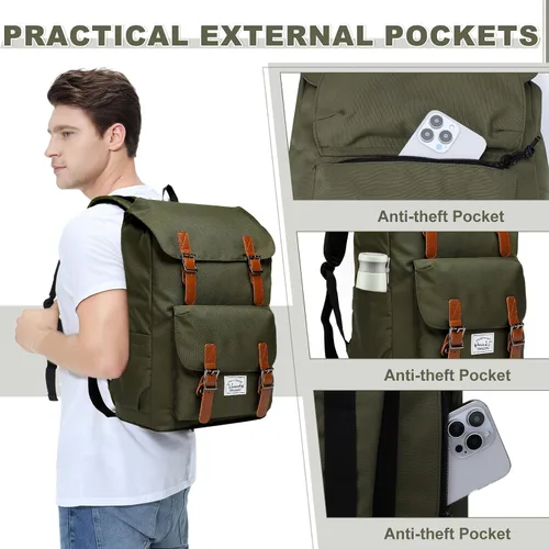 Vista 3 de Chase Chic Mochila para hombres y mujeres, mochila vintage unisex casual para viajes, universidad, trabajo, Verde, Classic