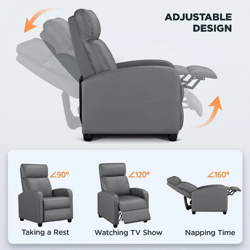 Vista 5 de Yaheetech Asiento de cine en casa, silla reclinable de piel sintética, moderna para sala de estar, sofá reclinable con bolsillo, color gris primavera