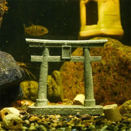 Vista 3 de livelyfish Estatua japonesa de la puerta sintoísta Torii, decoración asiática, figuras de pagoda de piedra arenisca para decoración de acuarios, L