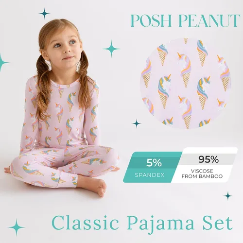 Vista 41 de Posh Peanut Pijamas para niñas, suaves, de viscosa de bambú para niños, pijamas a juego de manga larga para niñas