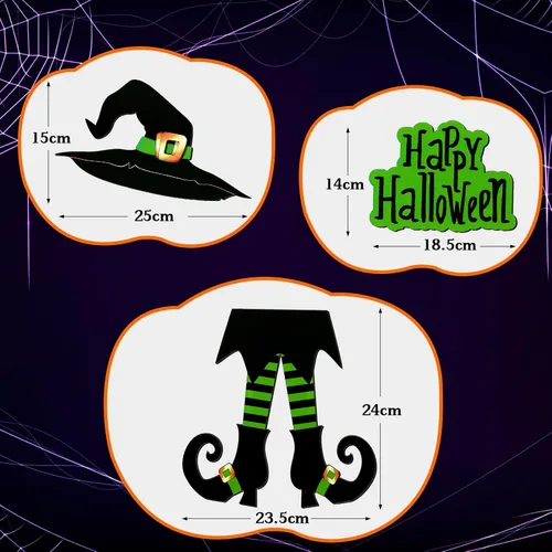 Vista 3 de Yerliker Decoración de letrero de Halloween con patas de bruja, sombrero de madera para colgar, decoración de pared de madera, versión rústica