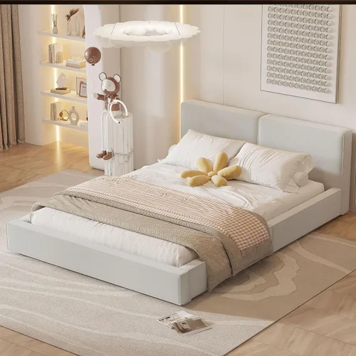 Vista 26 de Moderna cama tapizada de tamaño Queen, forro polar bereber grueso, base de colchón tapizada con cabecera copetuda y soporte de listones de madera
