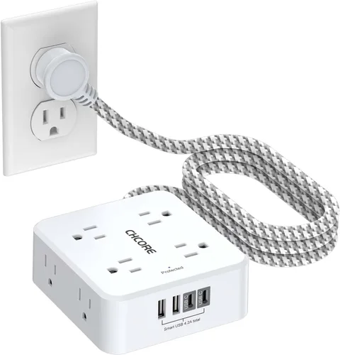 Vista 9 de Protector de Sobretensiones Tira de Alimentación - CHCORE Cable de Extensión Trenzado de 5 Pies con 8 Tomas con 4 Puertos USB (2 USB C) Estación