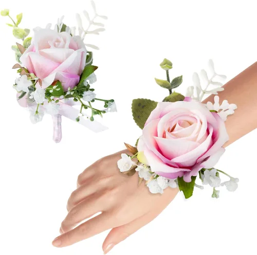 Vista 10 de Juego de ramillete y boutonniere para novio, novia, padrinos de boda, fiesta de graduación, rosas artificiales para hombres, boda, madre, abuela