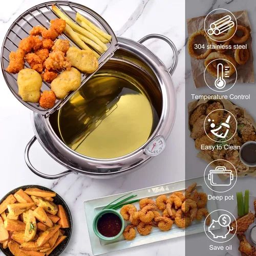 Vista 5 de cuomaop Kitchen Master Bundle: freidora de acero inoxidable de 9.4 pulgadas con medidor de temperatura + alfombrilla de secado de diatomita plegable