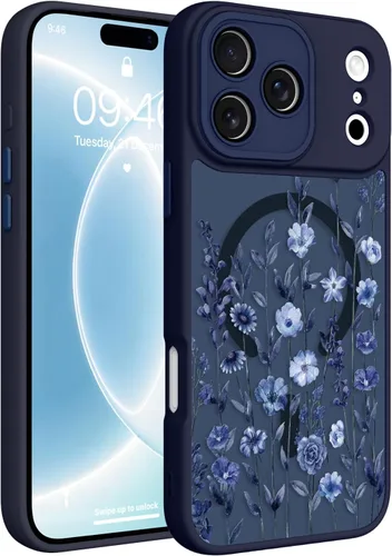 Vista 24 de Magnético para iPhone 13 con protector de pantalla [Compatible con MagSafe] Diseño de patrón floral de flores bonitas, funda delgada a prueba