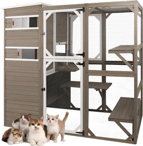 Vista 9 de PetsCosset Gran Encierro para Gatos al Aire Libre, Casa para Gatos Resistente a la Intemperie Conectada a la Ventana para Múltiples Gatos, Refugio