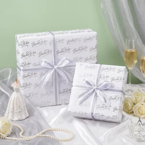 Vista 4 de RUSPEPA Rollo de Papel de Regalo de Boda, Mini Rollo, Elegante Diseño de Texto "Bride to Be" y Corazón, Papel de Regalo de Lámina Plateada