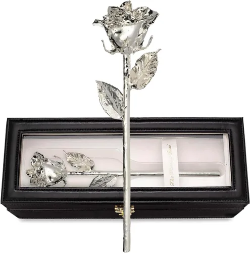 Vista 10 de Forever Rose - Rosa real sumergida en plata, rosa preservada hecha a mano en jarrón de corazón acrílico y lujosa caja de regalo dorada, regalo