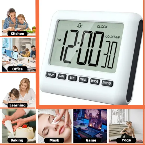 Vista 5 de Reloj digital magnético genérico para cocina - Temporizador con alarma, 12/24 horas, pantalla grande, alarma fuerte y imán potente - Cuenta hacia