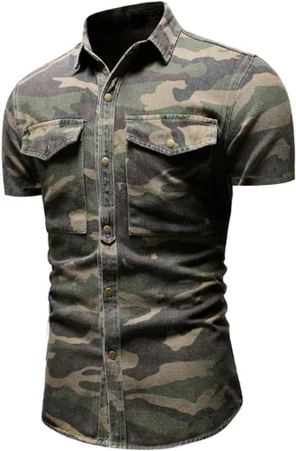 Vista 3 de chouyatou Camisa de manga cortalarga con botones y estampado de camuflaje para hombre