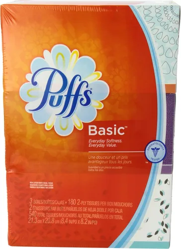 Vista 3 de Puffs Pañuelos faciales básicos, 180 unidades, paquete de 3