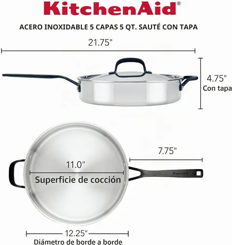 Vista 2 de KitchenAid Sartén para saltear de inducción de acero inoxidable revestido de 5 capas con tapa, 5 cuartos de galón, acero inoxidable pulido