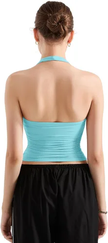 Vista 4 de SUUKSESS Camisetas sin Mangas para Mujer con Cuello Halter Forro Doble Sin Espalda Y2K Modernas para Salir Aguamarina