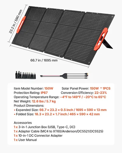 Vista 7 de VEVOR Panel solar monocristalino plegable de 150 W, 23% de eficiencia, cargador de panel solar monocristalino portátil ETFE con salida MC4, puertos