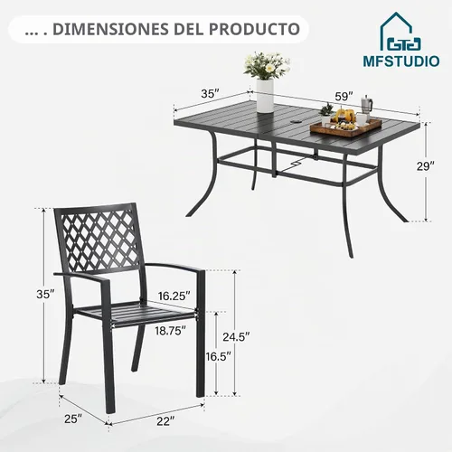 Vista 7 de MFSTUDIO Juego de comedor al aire libre para 6 con agujero para paraguas Patrón de red