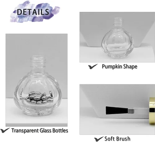 Vista 3 de Botellas vacías de esmalte de uñas, parte superior dorada, 6 botellas de cristal de 0.3 onzas líquidas, forma de calabaza, recargable, transparente