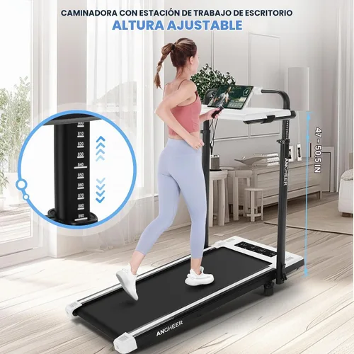 Vista 7 de ANCHEER Caminadora con escritorio, caminadora plegable de 3.5 HP con 15% de inclinación y barra de mango, ultra silenciosa, capacidad de 450 libras