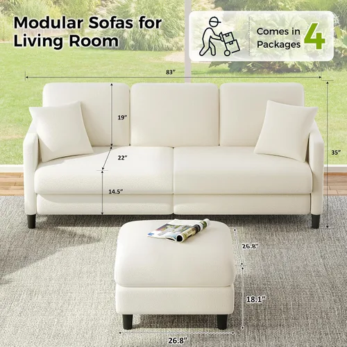 Vista 2 de Welzona Sofás de 83 pulgadas para sala de estar, sofá de peluche con otomanas de almacenamiento, sofá en forma de U con otomanas móviles, sofá