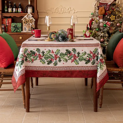 Vista 6 de Softalker Mantel Cuadrado de Jacquard Navideño, Mantel Impermeable Vintage de Invierno con Acebo, Cubierta de Mesa de Tela Estilo Granja Navideña