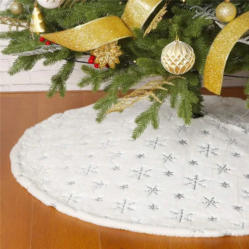 Vista 10 de Sattiyrch - Falda de árbol de Navidad con lentejuelas de 48 pulgadas, blanca suave y gruesa con decoraciones de copos de nieve dorados para árbol