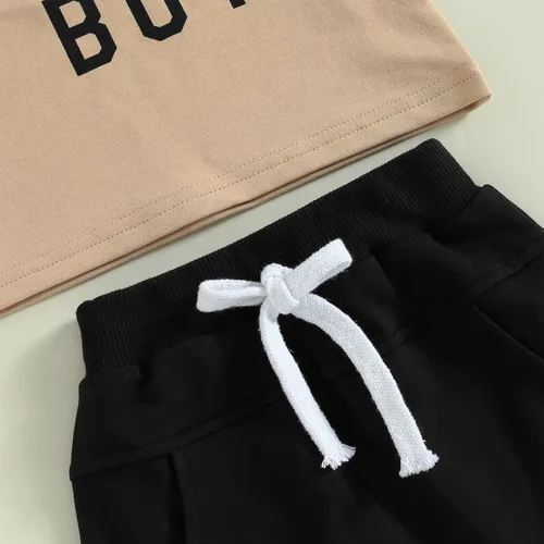 Vista 25 de Conjunto de traje de verano para bebé niño pequeño, manga corta, cuello redondo, letras impresas, lindo traje de verano, conjunto de 2 piezas