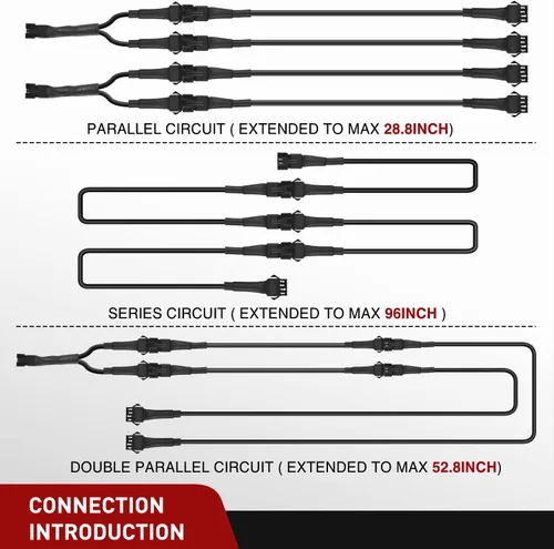 Vista 6 de Nilight - Cable de extensión para motocicleta, 4 tiras de luces led de 2 pies, 3 divisores en Y de 2 vías, extensión de 4 clavijas para tiras