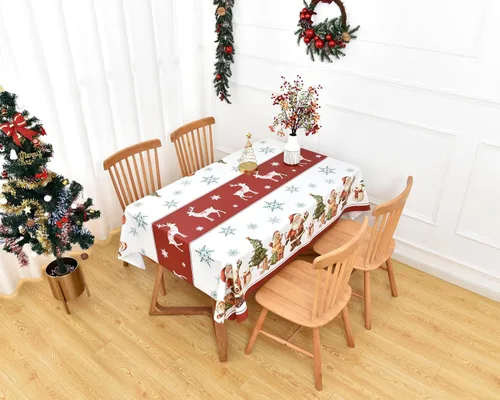 Vista 7 de Mantel de Navidad de vinilo resistente rojo de 54x54 pulgadas, mantel rectangular de Navidad, mantel de PVC reutilizable, impermeable, plegable