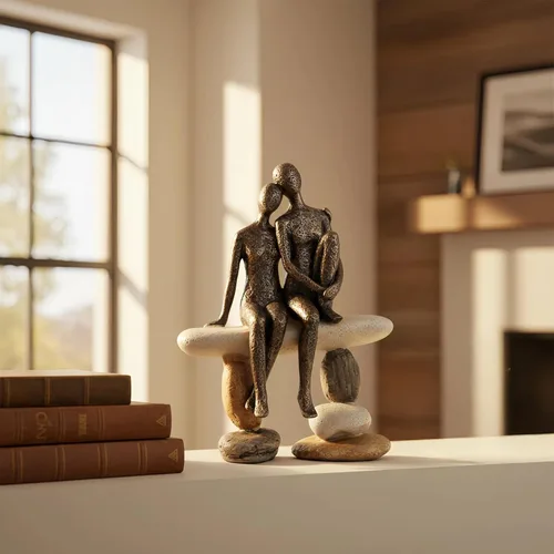 Vista 2 de Lescafita Figurillas Románticas de Pareja Escultura – Escultura Abstracta de Pareja en Banco de Piedra, Estatua de Decoración Moderna para el Hogar