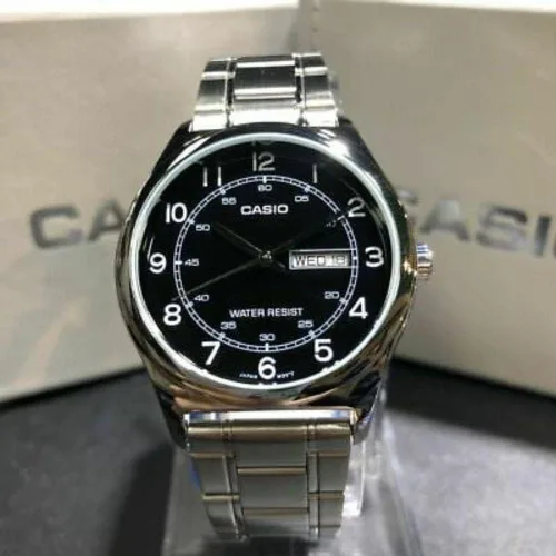 Vista 4 de Casio MTP-V006D-1B2 - Reloj analógico para hombre de acero inoxidable con esfera negra con fecha y día