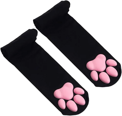 Vista 3 de ztowoto Calcetines altos hasta el muslo, calcetines de garra de gatito 3D rosados para niñas, mujeres, gatos, cosplay