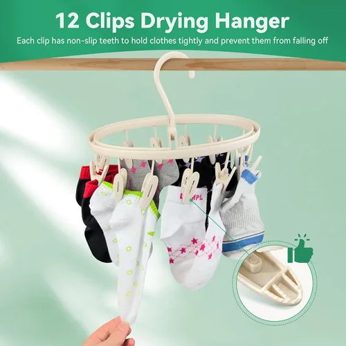 Vista 6 de Percha de secado de ropa plegable portátil de alta calidad con 12 clips, estante de secado de plástico antioxidante para calcetines, lencería