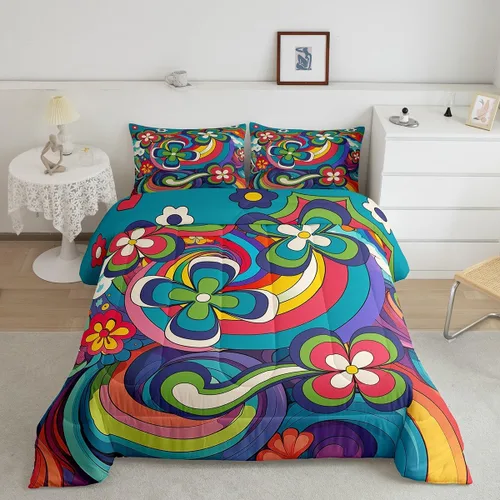 Vista 24 de Juego de ropa de cama con estampado floral bohemio, tamaño individual, diseño retro de flores groovy, 60S y 70S, juego de edredón de flores hippie