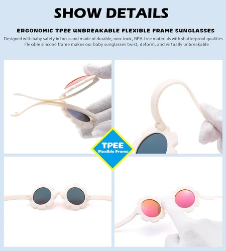 Vista 5 de NULOOQ Gafas de sol polarizadas para bebé con correa Gafas de sol flexibles en forma de flor para niños pequeños y bebés de 0 a 24 meses