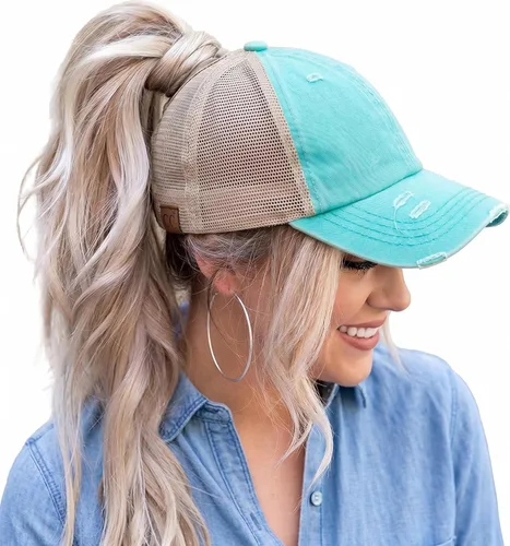 Vista 46 de Funky Junque - Sombrero de cola de caballo para mujer, gorra de béisbol con ajuste ajustable y cola de caballo alta cruzada para uso diario Paquete