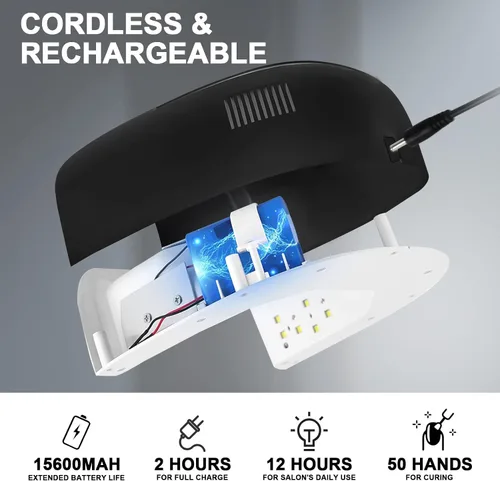 Vista 3 de Linssy - Lámpara de uñas UV inalámbrica, luz UV de 60 W para uñas de gel con 4 ajustes de tiempo, lámpara de uñas recargable con 42 cuentas para un