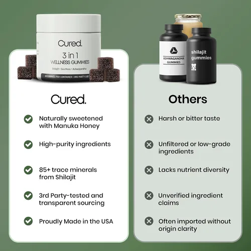 Vista 3 de Cured 3 en 1 - Gomitas puras de shilajit del Himalaya para hombres y mujeres Musgo marino, Ashwagandha y Miel de Manuka orgánica con más de 85