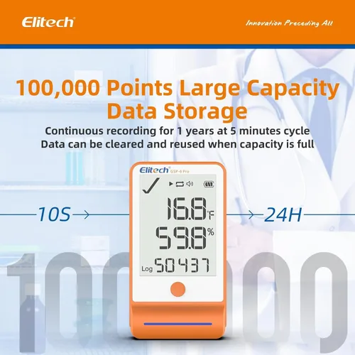 Vista 3 de Elitech ISO 17025 Certificado GSP-6 Bluetooth Data Logger Temperatura Humedad 100000 Readings, Shadow Data, Max Min Record, Auto PDF/CSV