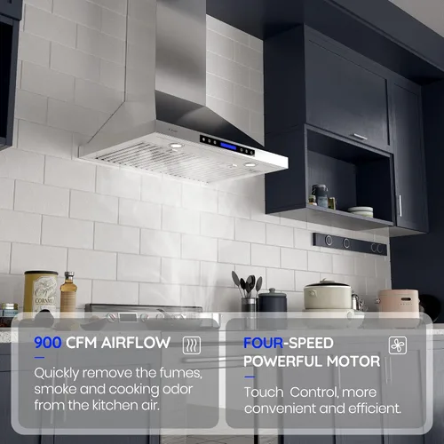 Vista 2 de EKON Campana extractora de pared de 30 pulgadas, campana de ventilación de cocina de acero inoxidable de 900 CFM, convertible con conductos/sin