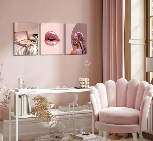 Vista 2 de 3 piezas de arte de pared en lienzo de mujer negra de moda afroamericana, pintura afroamericana, decoración de pared, diseño de niña negra, póster