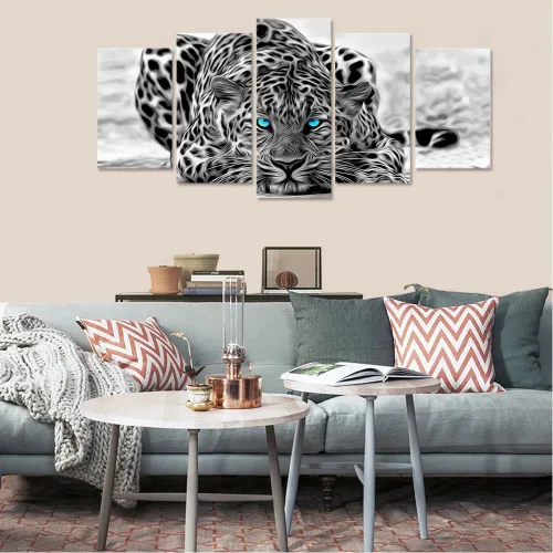 Vista 3 de Panel de lienzo en blanco y negro con dibujo de leopardo, con armazón. Fácil de colgar, varios tamaños.