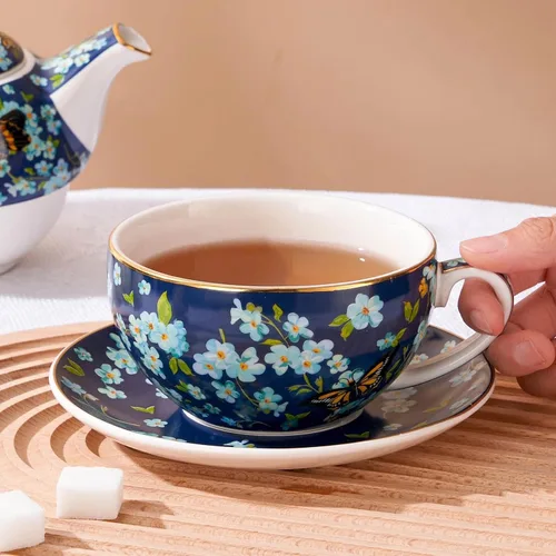 Vista 7 de Juego de té para uno, tetera y taza de porcelana, juego de té para una persona, tetera floral, juego de té de regalo para mujeres, mariposa azul