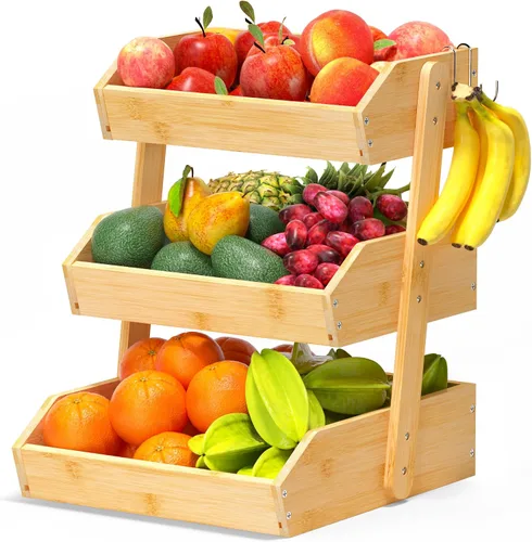 Vista 9 de Gmtsl Cesta de frutas de bambú para cocina, frutero de 2 niveles para encimera de cocina, soporte grande para frutas con 2 ganchos para plátanos