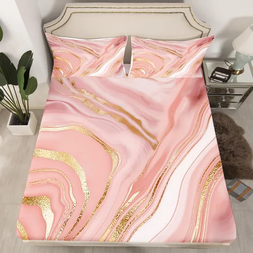 Vista 2 de Erosebridal Juego de sábanas de mármol rosa dorado para niños y niñas, juego de sábanas de mármol metálico, sábanas con textura de mármol degradado