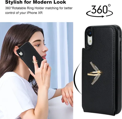 Vista 3 de Folosu Funda compatible con iPhone XR con soporte para tarjetas, rotación de 360°, soporte de anillo de dedo con función atril, bloqueo RFID, piel