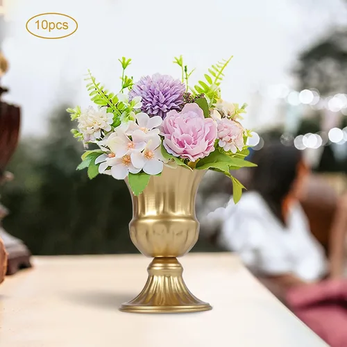 Vista 9 de 10 jarrones de trompeta de metal dorado, elegantes centros de mesa de boda, arreglos florales artificiales altos para decoración de bodas, ceremonia
