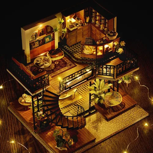 Vista 7 de Mini casa de muñecas en miniatura de madera, tienda de té del bosque, escena, modelo de construcción, casa de juguete con luces LED y cubierta
