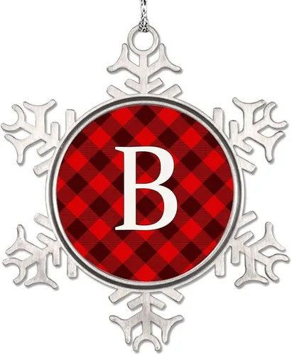 Vista 9 de Adorno de copo de nieve de letra A con inicial de copo de nieve, adorno de monograma a cuadros rojos para decoración de árbol de Navidad, adornos