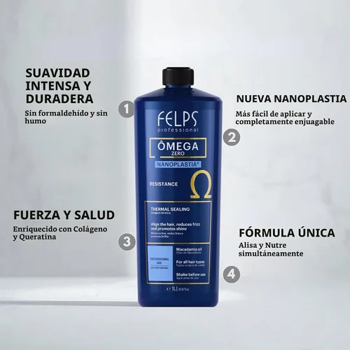 Vista 4 de Kit 2 Felps Professional Omega Zero Nanoplastia Tratamiento térmico para el cabello, alisado y alisado, sin formaldehído, con aceite de macadamia