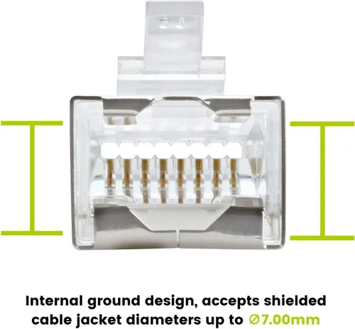 Vista 5 de TRUE CABLE Cat5e RJ45 conectores modulares de paso, conector de tierra interno blindado (STP), listado UL, EZ Crimp, chapado en oro, 3 clavijas